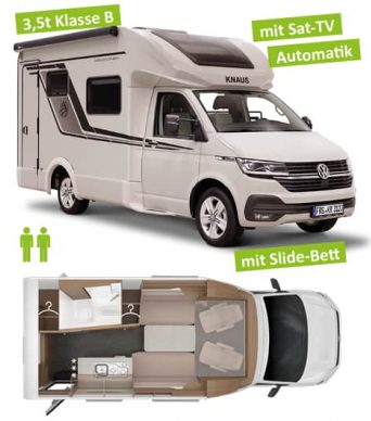 Knaus Weinsberg vantourer oder x-cursion 500lt für 2 Personen, mit Sat und TV System, Automatik, Solar Autark Paket, fahrradträger, für Führerschein Klasse B bis 3,5t geeignet für 2 Personen mit Slidebett und Side by Side Sitzgruppe