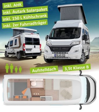 Weinsberg CaraBus CaraTour mit Aufstelldach mit Anhängerkupplung Autartk-Solarpaket, großem Kühlschrank und fahrradträger für Führerschein Klasse B bis 3,5t geeignet, für 4 Personen also Familie geeignet
